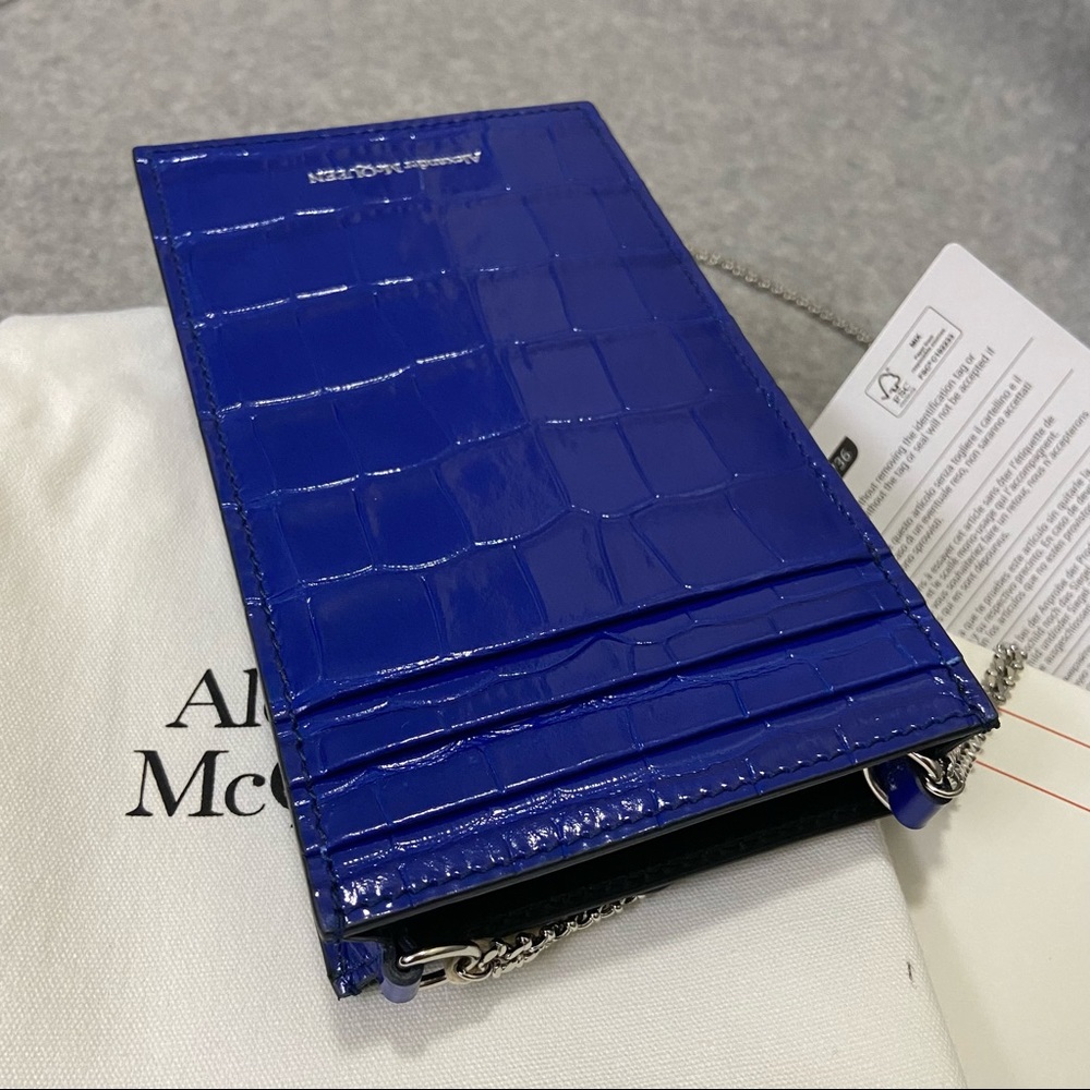 SOLD NWT $690 Alexander McQueen Skull Croc Leather Phone Bag Royal Blue - Picture 11 of 16